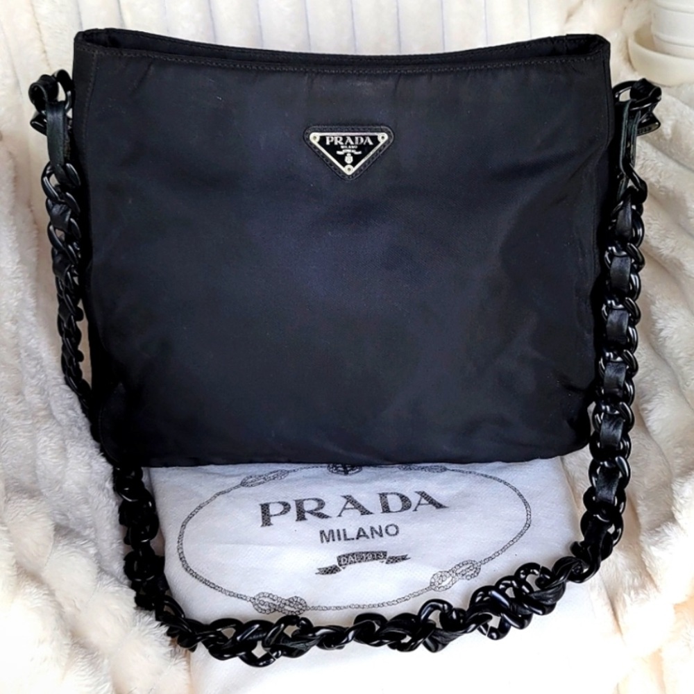 Prada Tessuto Black Nylon Acrylic Chain & Leather Shoulder Bag